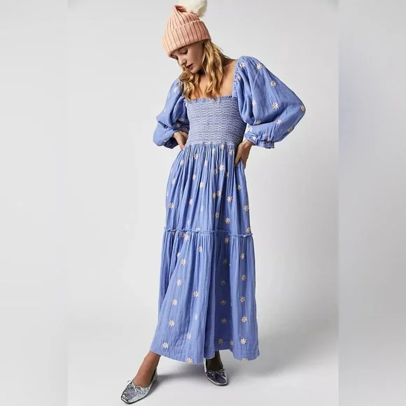 Free People | Dresses | Free People Dahlia Blue Embroidered Maxi Dress |  Poshmark